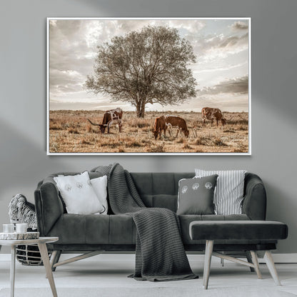 87590224-MGV-CV-36X24-Longhorn Cattle Wall Art – Rustic Western Landscape Canvas Print, Texas Farmhouse Prairie Scene for Living Room, Office, or Ranch