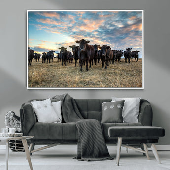 13867292-MGV-CV-36X24-Black Cattle Wall Art – Rustic Ranch Herd Canvas Print, Western Farmhouse Country Landscape Decor for Living Room, Office, or