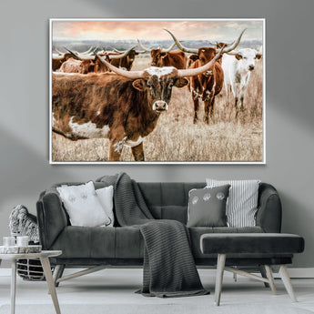 47758300-MGV-CV-36X24-Texas Longhorn Cattle Wall Art – Rustic Western Herd Canvas Print, Cowboy Ranch Farmhouse Decor for Living Room, Office, or