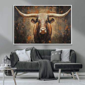 19204445-MGV-CV-36X24-Texas Longhorn Bull Wall Art – Rustic Western Canvas Print, Bold Cowboy Cattle Painting for Ranch House, Farmhouse, Office, or