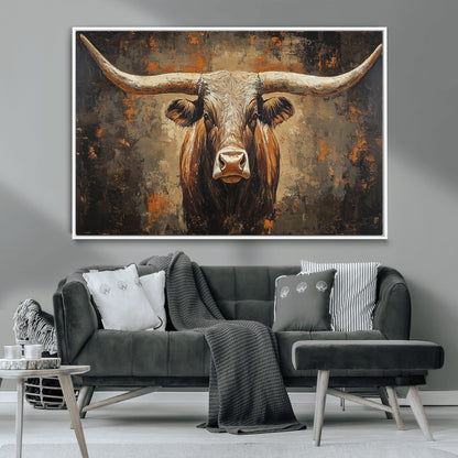 19204445-MGV-CV-36X24-Texas Longhorn Bull Wall Art – Rustic Western Canvas Print, Bold Cowboy Cattle Painting for Ranch House, Farmhouse, Office, or