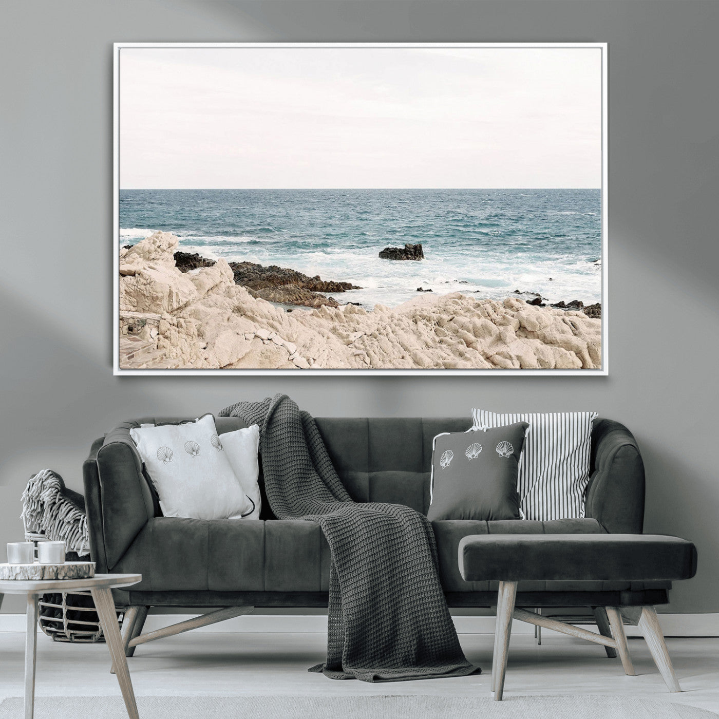 25481980-MGV-CV-36X24-Ocean Coastal Wall Art – Rocky Shoreline and Waves Canvas Print, Serene Beach Landscape Decor for Living Room, Bedroom, or Office
