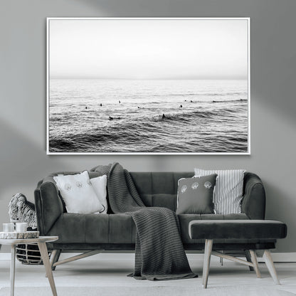 47208268-MGV-CV-36X24-Surfer Ocean Wall Art – Black and White Coastal Canvas Print, Minimalist Surfing Seascape Decor for Living Room, Bedroom, or Beach