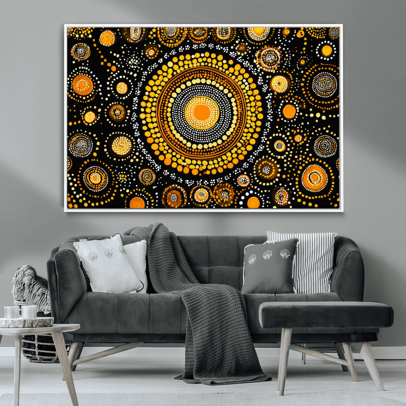 45478523-MGV-CV-36X24-Abstract Circle Wall Art – Bold Black and Gold Dot Painting Canvas Print, Modern Geometric Mandala Style Decor for Living Room or