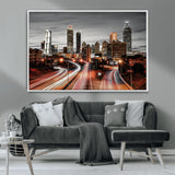 59097239-MGV-CV-36X24-City Skyline Wall Art – Modern Black and White Night Canvas Print with Red Light Trails, Urban Landscape Decor for Living Room or