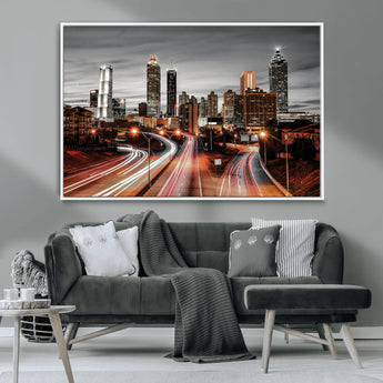 59097239-MGV-CV-36X24-City Skyline Wall Art – Modern Black and White Night Canvas Print with Red Light Trails, Urban Landscape Decor for Living Room or