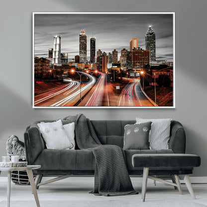 59097239-MGV-CV-36X24-City Skyline Wall Art – Modern Black and White Night Canvas Print with Red Light Trails, Urban Landscape Decor for Living Room or