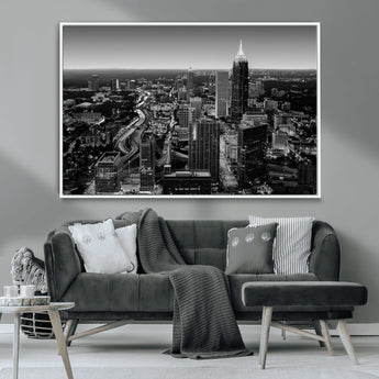 46578567-MGV-CV-36X24-Atlanta Skyline Wall Art – Black and White Cityscape Canvas Print, Modern Urban Night Decor for Office, Living Room, or Apartment