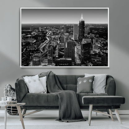 46578567-MGV-CV-36X24-Atlanta Skyline Wall Art – Black and White Cityscape Canvas Print, Modern Urban Night Decor for Office, Living Room, or Apartment