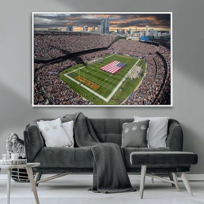 98106777-MGV-CV-36X24-Soldier Field Wall Art – Chicago Bears Stadium Canvas Print with American Flag, Game Day Football Decor for Man Cave, Bar, or