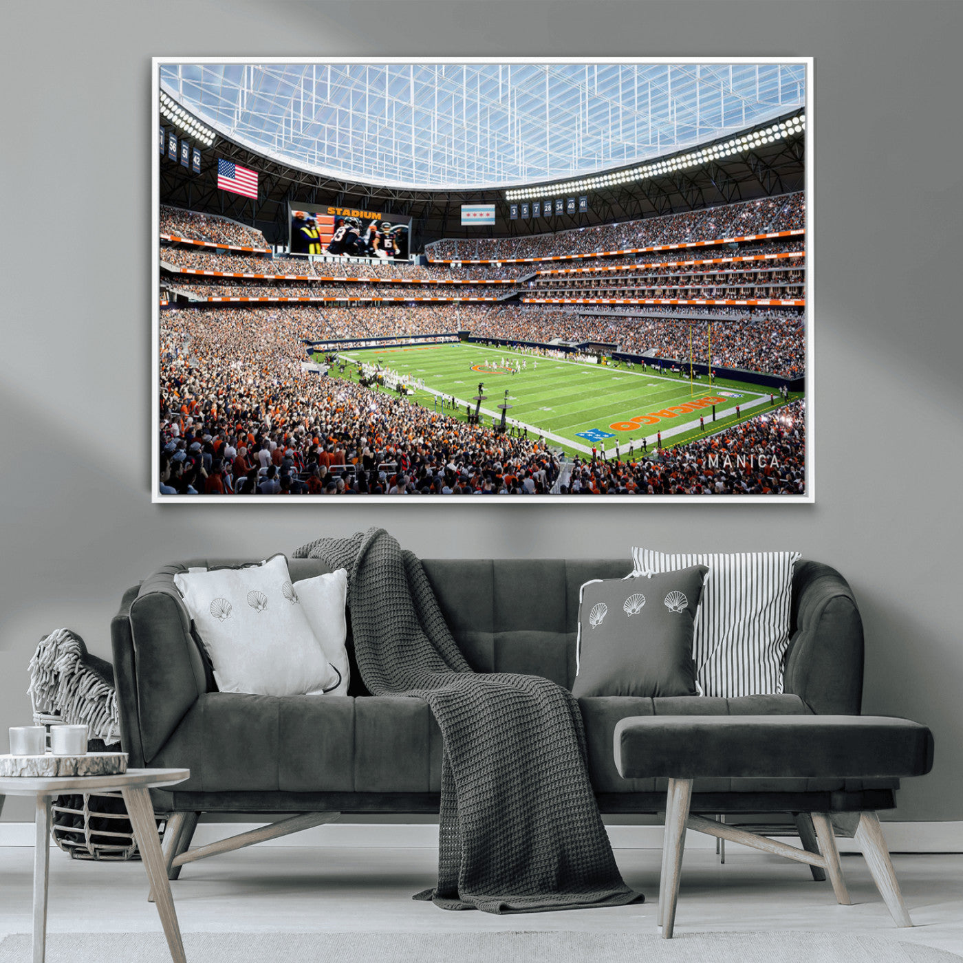 32530647-MGV-CV-36X24-Chicago Bears Stadium Wall Art – Futuristic Dome Arena Canvas Print, Modern Football Concept Design Decor for Man Cave, Bar, or