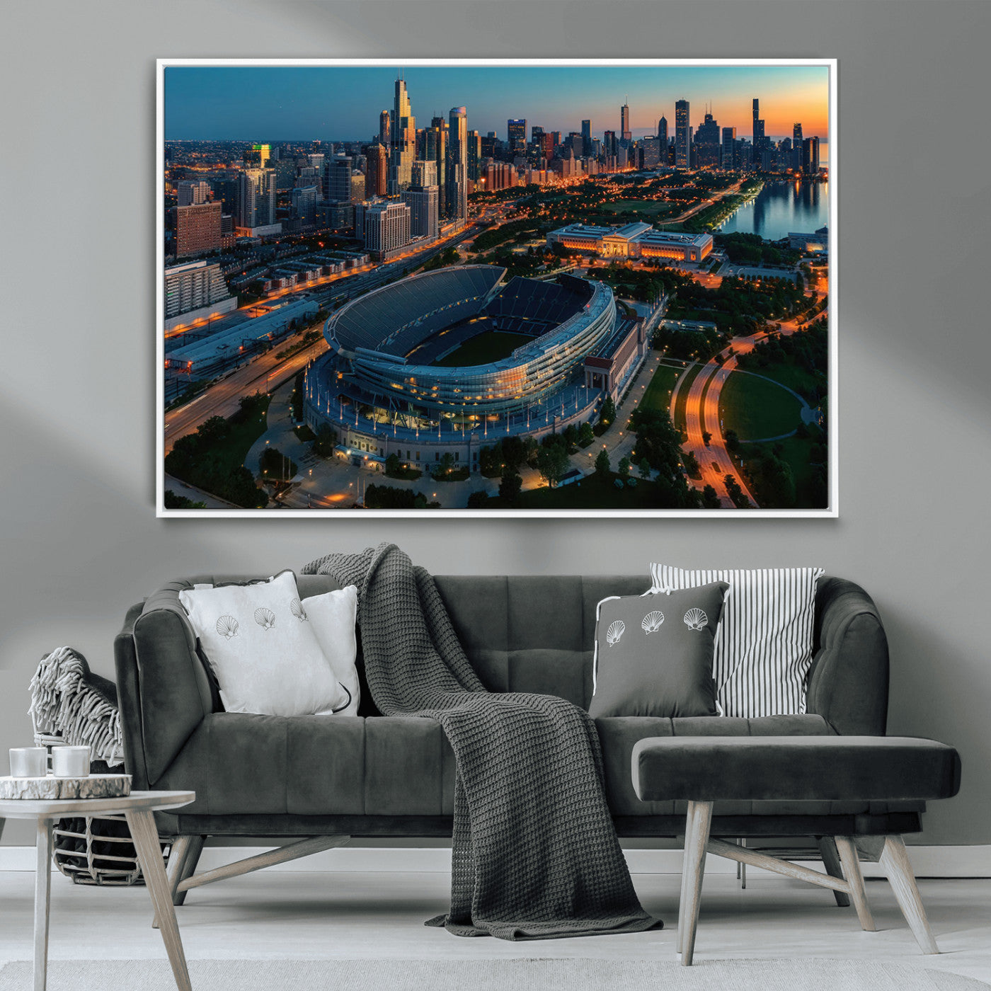 36690345-MGV-CV-36X24-Soldier Field Wall Art – Chicago Bears Stadium Aerial Night Canvas Print, City Skyline Football Decor for Living Room, Office, or