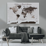 43749658-MGV-CV-36X24-Welcome to Great Adventure World Map Wall Art – Charcoal Gray Canvas Print, Rustic Travel Decor for Living Room, Study, Office or