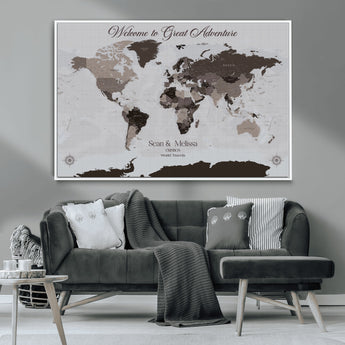 43749658-MGV-CV-36X24-Welcome to Great Adventure World Map Wall Art – Charcoal Gray Canvas Print, Rustic Travel Decor for Living Room, Study, Office or
