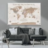 63516865-MGV-CV-36X24-Explore Dream Discover World Map Wall Art – Inspirational Travel Adventure Canvas Print, Neutral Parchment Style Explorer Decor