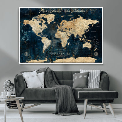 36970886-MGV-CV-36X24-Life is a Journey Not a Destination World Map Rustic Navy Beige Vintage Travel Wall Art Adventure Quote Canvas Print for Home