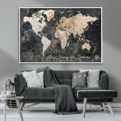37848568-MGV-FC-36X24_White-Life is a Journey Not a Destination World Map Rustic Wood Texture Vintage Beige Navy Adventure Wall Art Canvas Print for Home