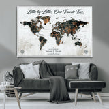 88337180-MGV-CV-36X24-Little by Little One Travels Far Tolkien Quote World Map Rustic Black Brown Adventure Wall Art Canvas Print for Home Office Living