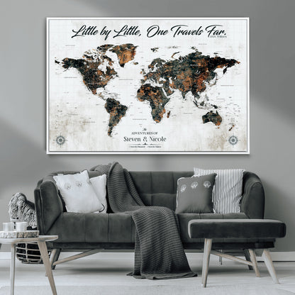 88337180-MGV-CV-36X24-Little by Little One Travels Far Tolkien Quote World Map Rustic Black Brown Adventure Wall Art Canvas Print for Home Office Living