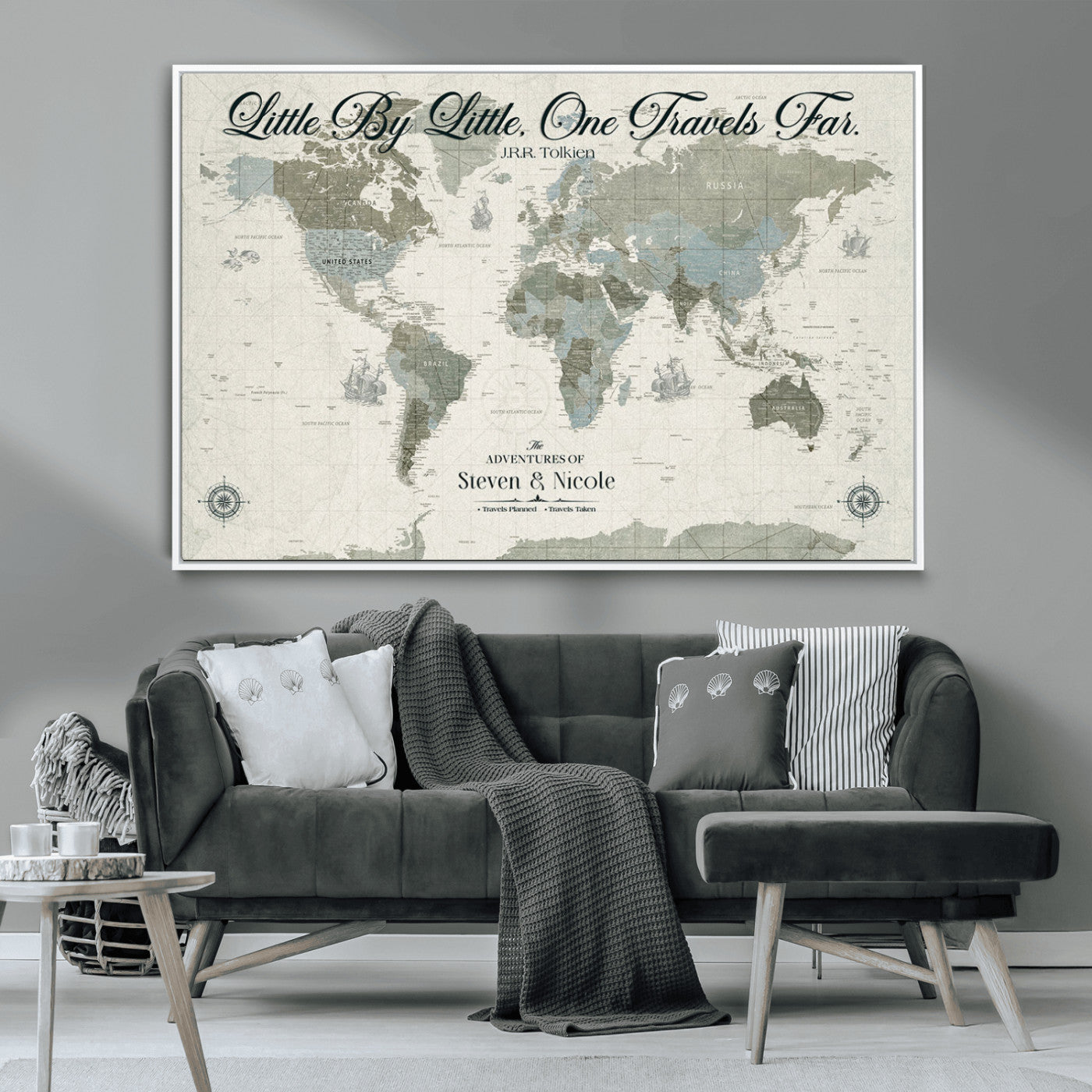 10693204-MGV-CV-36X24-Little By Little One Travels Far Tolkien Quote Blue Green World Map Adventure Wall Art Canvas Print Rustic Wanderlust Travel Decor