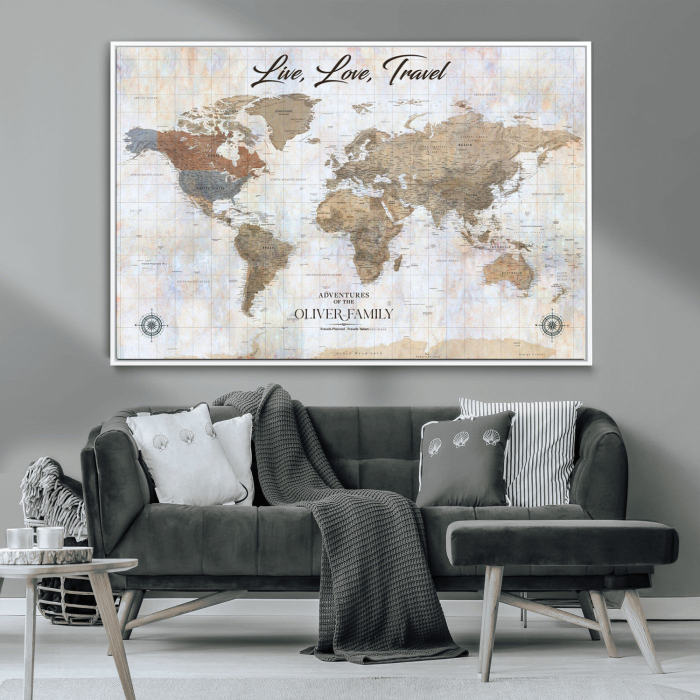 43924907-MGV-CV-36X24-Live Love Travel Wall Art – Neutral World Map Canvas Print, Rustic Adventure Decor for Home, Office or Living Room, Unique Gift