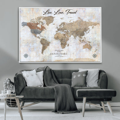 43924907-MGV-CV-36X24-Live Love Travel Wall Art – Neutral World Map Canvas Print, Rustic Adventure Decor for Home, Office or Living Room, Unique Gift