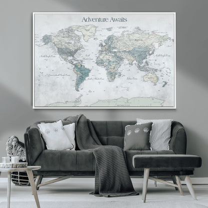TEST111-MGV-CV-36X24-Personalized Adventure Awaits Push Pin World Map – Custom Framed Travel Tracker Canvas Wall Art for Home, Office