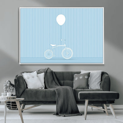 56479838-MGV-CV-36X24-Bicycle Wall Art – Minimalist Blue Canvas Print with Balloon Illustration, Modern Decor Artwork for Kids Room, Nursery, or Living