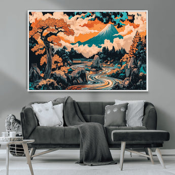 21638941-MGV-CV-36X24-Japanese Landscape Wall Art – Mount Fuji and Flowing River Ukiyo-e Style Canvas Print, Traditional Japan Inspired Artwork for