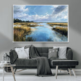 87082041-MGV-CV-36X24-Painted Marshland Canvas Wall Art – Serene Water Reflection, Blue Sky, Golden Grass Landscape, Calm Nature Decor for Home, Office,
