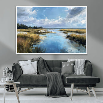 87082041-MGV-CV-36X24-Painted Marshland Canvas Wall Art – Serene Water Reflection, Blue Sky, Golden Grass Landscape, Calm Nature Decor for Home, Office,