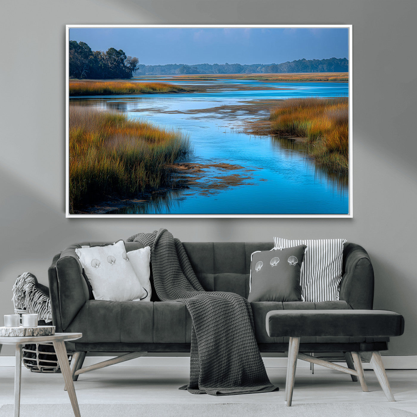 26300004-MGV-CV-36X24-Marshland Landscape Wall Art – Scenic Nature Canvas Print with Golden Grass and Blue Water, Peaceful River Photography for Living