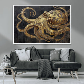 47056538-MGV-CV-36X24-Octopus Canvas Wall Art – Gold Detail, Wooden Texture, Marine Life, Ocean Creature Tentacles, Nautical Coastal Rustic Decor for