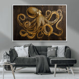 56769669-MGV-CV-36X24-Octopus Wall Art – Gold Nautical Canvas Print with Rustic Wood Panel Design, Detailed Marine Artwork for Coastal Ocean Decoration