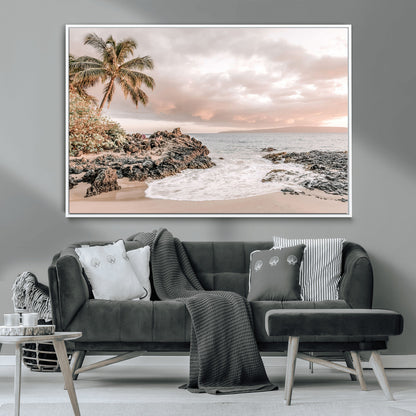 18005328-MGV-CV-36X24-Tropical Beach Wall Art – Coastal Ocean Canvas Print with Palm Tree, Sunset Sky and Rocky Shore, Serene Seascape Photography for