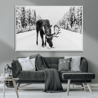 38956835-MGV-CV-36X24-Moose Wall Art – Black and White Wildlife Canvas Print with Snowy Forest Road, Rustic Nature Photography for Cabin, Lodge, Living
