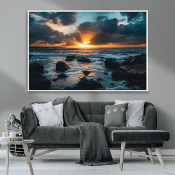 66040852-MGV-CV-36X24-Ocean Sunset Canvas Wall Art – Rocky Shore Waves, Dramatic Clouds, Golden Sun Rays, Coastal Nature, Serene Water Reflection for
