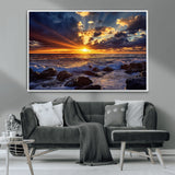 35900590-MGV-CV-36X24-Sunset Ocean Waves Canvas Wall Art – Rocky Shore, Dramatic Sky, Golden Sun Rays, Coastal Beauty, Serene Water Motion for Living