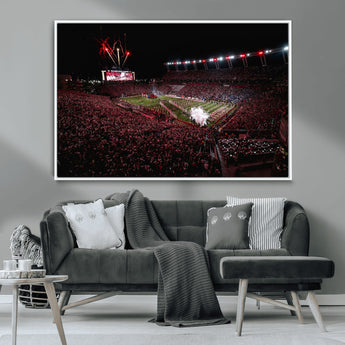 60690191-MGV-CV-36X24-Stadium Wall Art – Night Game Football Canvas Print with Fireworks, Marching Band and Crowd, Panoramic Sports Photography for Man