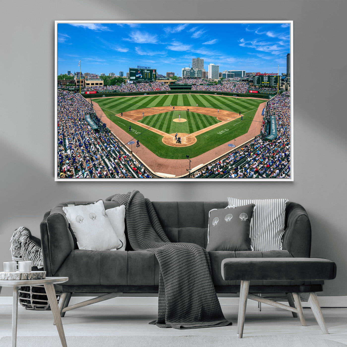 56213978-MGV-CV-36X24-Wrigley Field Baseball Stadium Canvas Wall Art – Packed Crowd Sports Stadium Print, City Skyline Baseball Field Canvas for Game