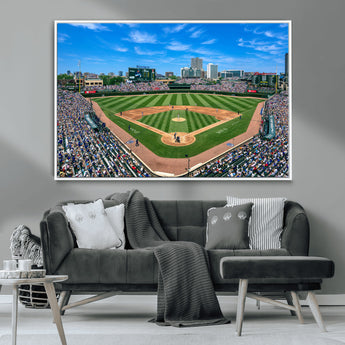 56213978-MGV-CV-36X24-Wrigley Field Baseball Stadium Canvas Wall Art – Packed Crowd Sports Stadium Print, City Skyline Baseball Field Canvas for Game