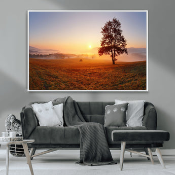 57919623-MGV-CV-36X24-Golden Sunrise Landscape Canvas Wall Art - Framed Misty Field Print, Large Nature Canvas for Living Room, Office, or Home Decor