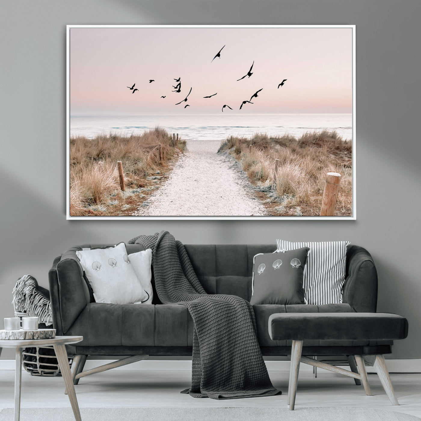 34632598-MGV-CV-36X24-Coastal Pathway Canvas Wall Art – Framed Seaside Landscape, Large Beach and Birds Canvas Print for Home, Office, or Living Room