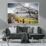 34632598CRY-MGV-CV-36X24-Cherry Blossom Wall Art – Scenic Asian Landscape Canvas Print with Wooden Walkway, Misty Mountains and Sunrise, Serene Nature