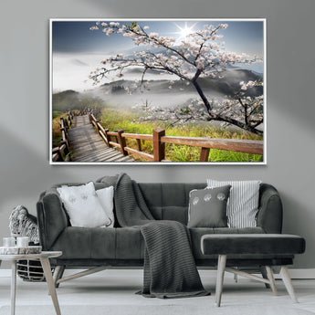 34632598CRY-MGV-CV-36X24-Cherry Blossom Wall Art – Scenic Asian Landscape Canvas Print with Wooden Walkway, Misty Mountains and Sunrise, Serene Nature