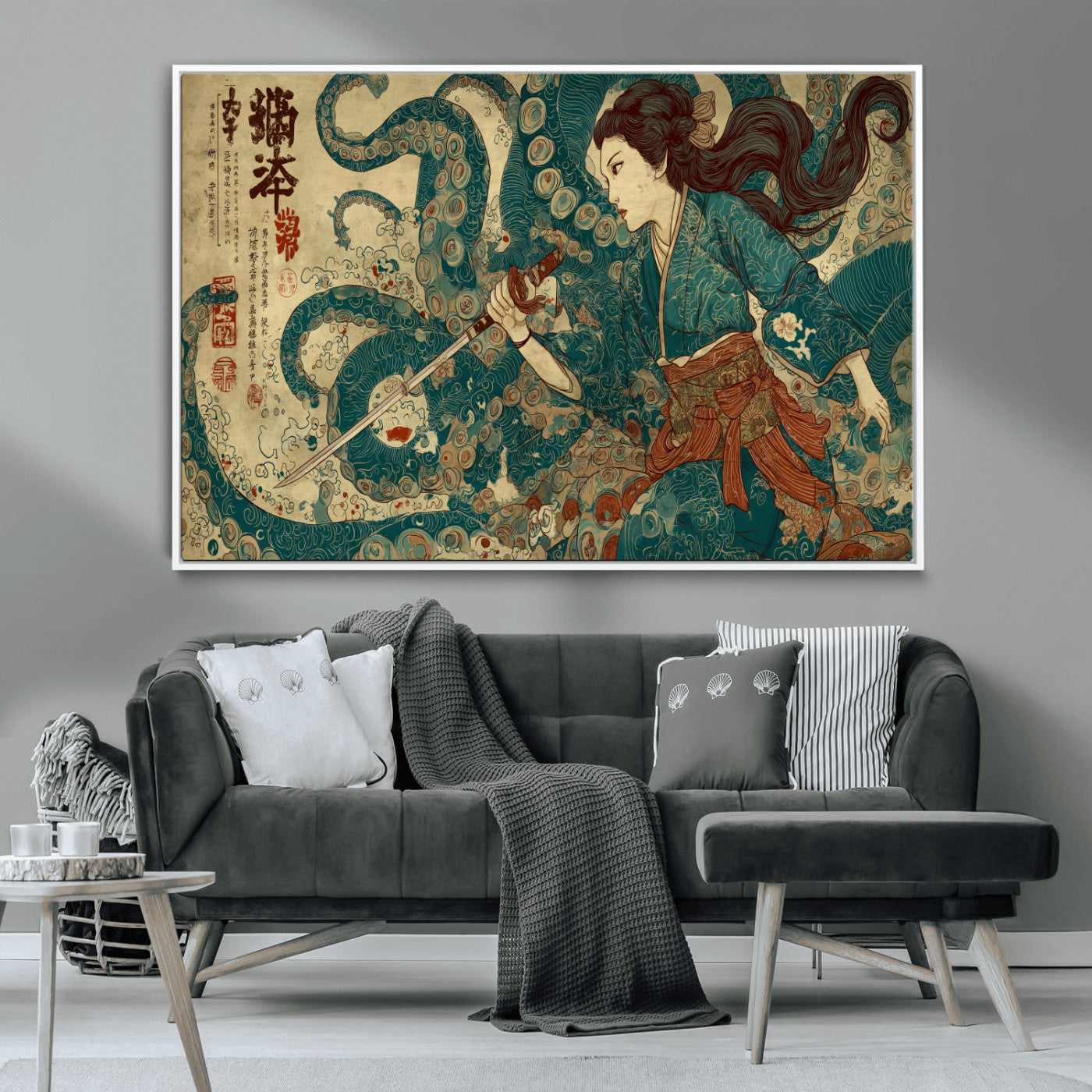 46837670-MGV-CV-36X24-Tsukioka Yoshitoshi Samurai Wall Art Print, Japanese Katana Warrior Canvas Wall Art, Octopus Sea Monster Canvas Print,