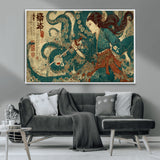 46837670-MGV-CV-36X24-Tsukioka Yoshitoshi Samurai Wall Art Print, Japanese Katana Warrior Canvas Wall Art, Octopus Sea Monster Canvas Print,
