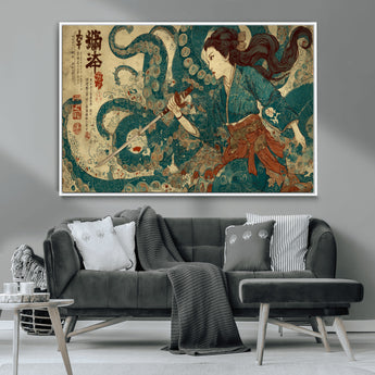 46837670-MGV-CV-36X24-Tsukioka Yoshitoshi Samurai Wall Art Print, Japanese Katana Warrior Canvas Wall Art, Octopus Sea Monster Canvas Print,