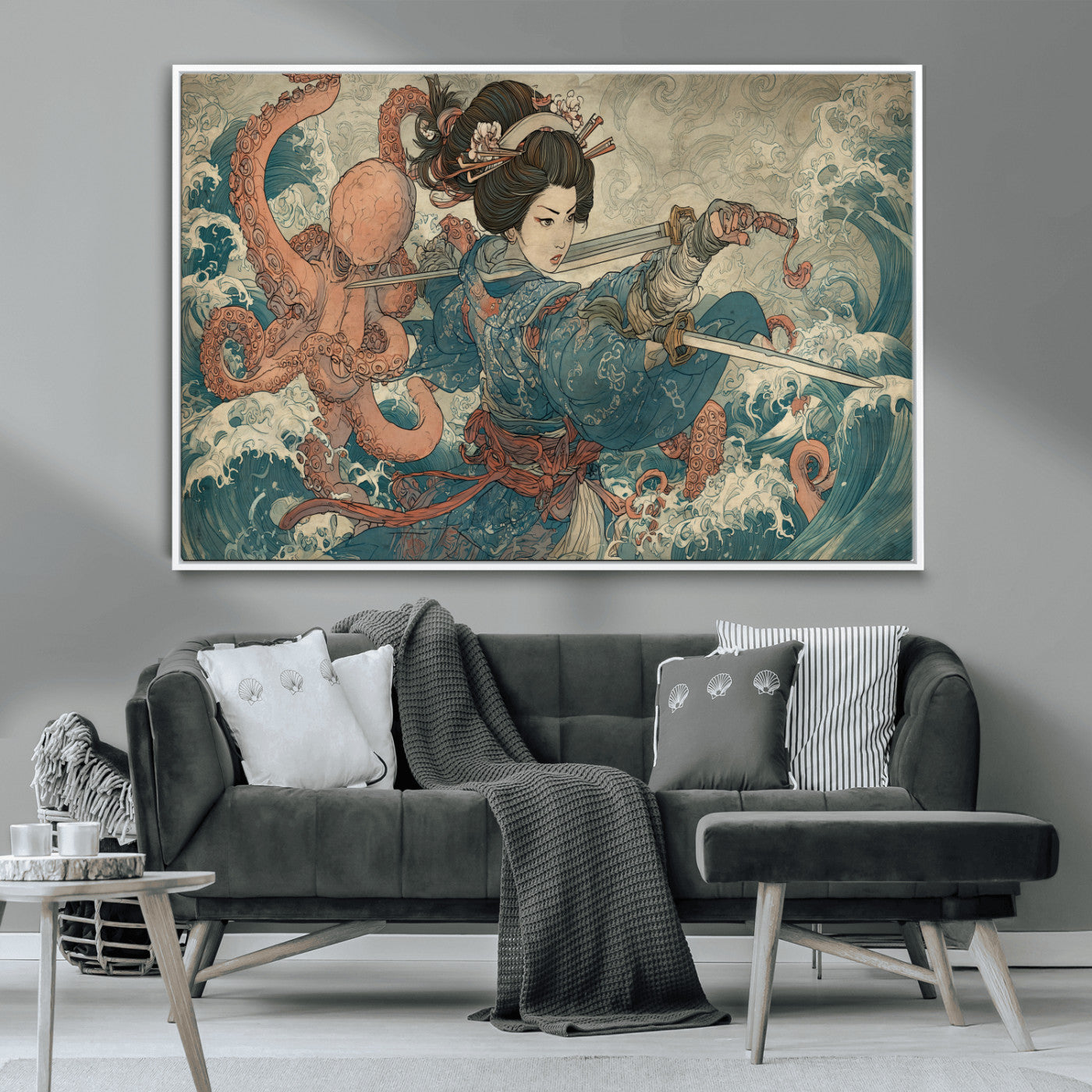 52037775-MGV-CV-36X24-Tsukioka Yoshitoshi Samurai Wall Art Print, Japanese Katana Warrior Canvas Wall Art, Octopus Sea Monster Canvas Print,