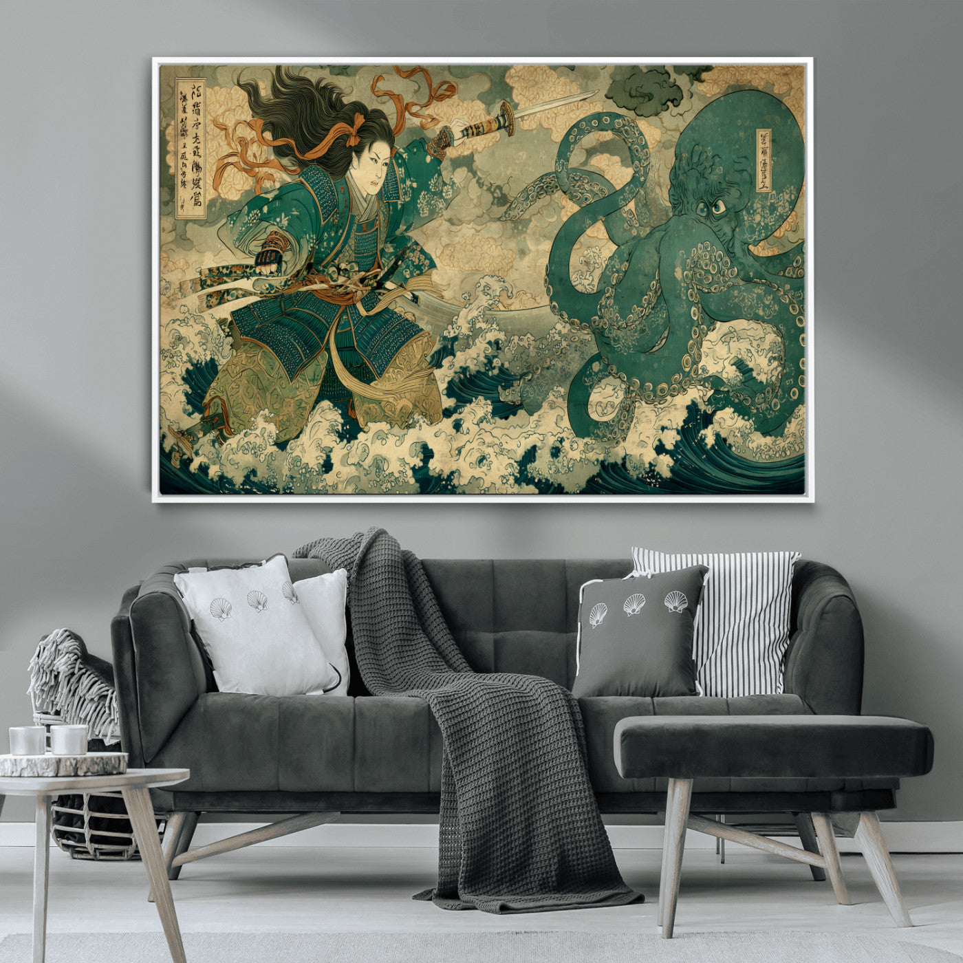 24416422-MGV-CV-36X24-Samurai vs Octopus Wall Art – Japanese Warrior Ocean Battle Canvas Print, Ukiyo e Inspired Decor for Home, Office, or Man Cave